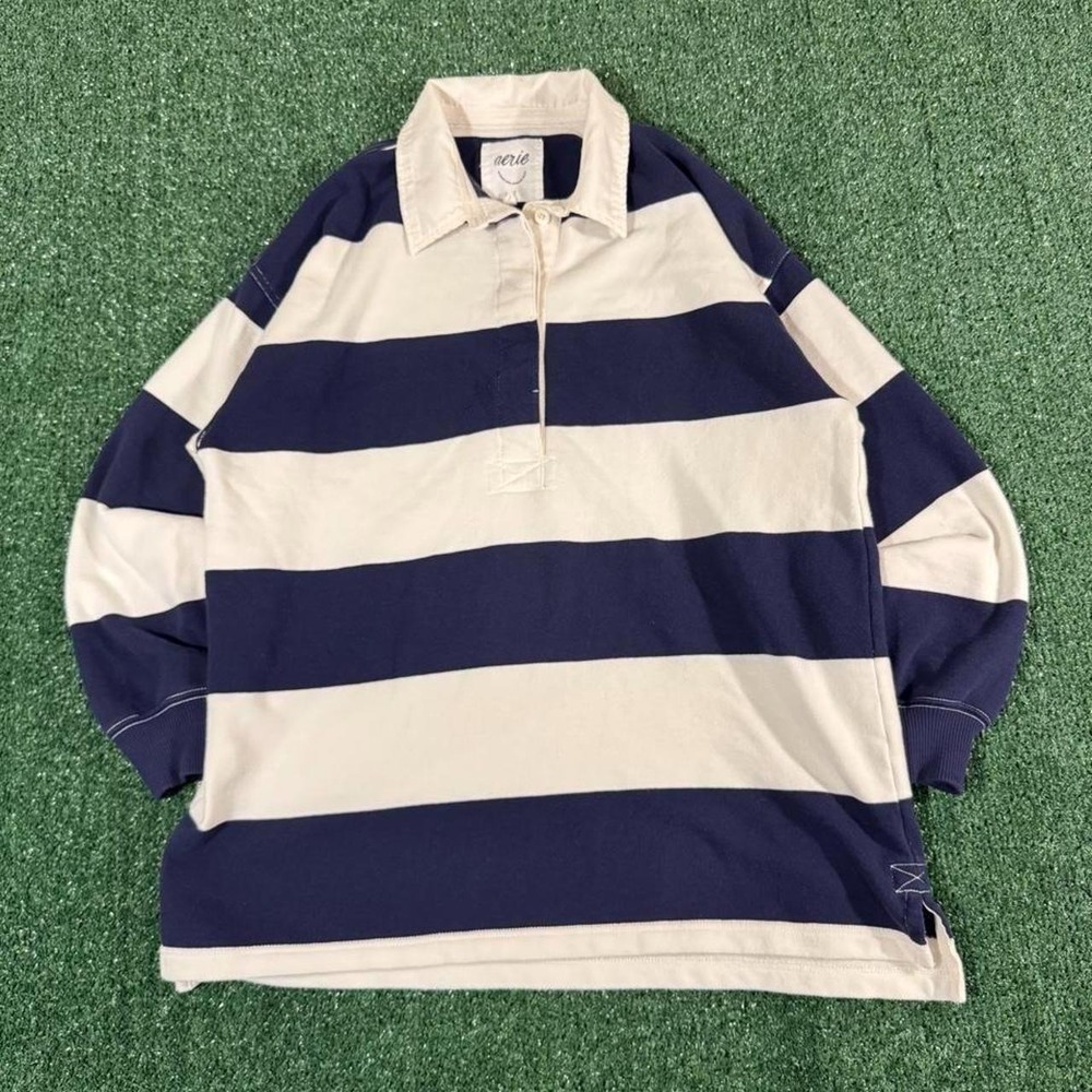 Aerie Navy & Cream Striped Rugby Polo Long Sleeve Shirt Womens Medium